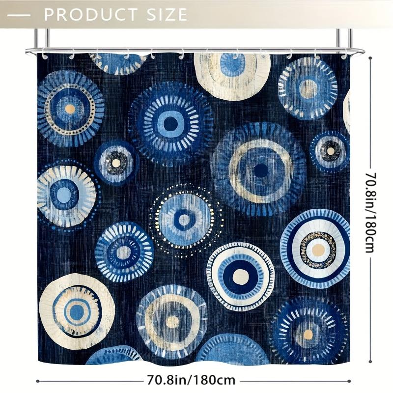 1pc Geometric Blue Curtain, Concentric Circles, 71x71 Inch, Durable Polyester, Easy-Clean, Plastic Hooks, Bath/Window Decor