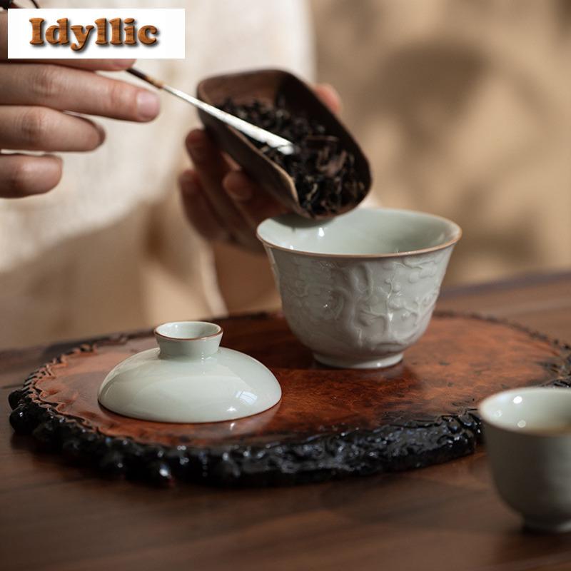 100ml Ice Table Glaze Handmade Relief Gaiwan Vintage Tea Tureen Tea Bowl With Lid Kit Tea Making Cover Bowl Tea Items Ornaments