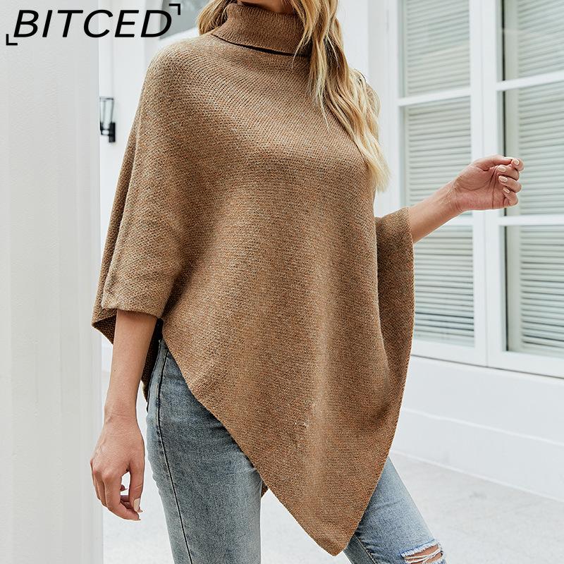 BITCED Autumn/Winter Women's Shawl Cape Sweater Solid-Colour High-Neck Knitted Cardigan