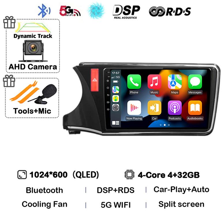 Android 14 Carplay Auto Car Radio For Honda CITY 2014 2015 2016 2017 2018 2019 Multimedia Stereo Player GPS 4G+WIFI 360 Camera