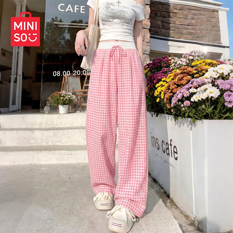 MINISO Women s Lightweight Plaid Seersucker Wide-Leg Pants S