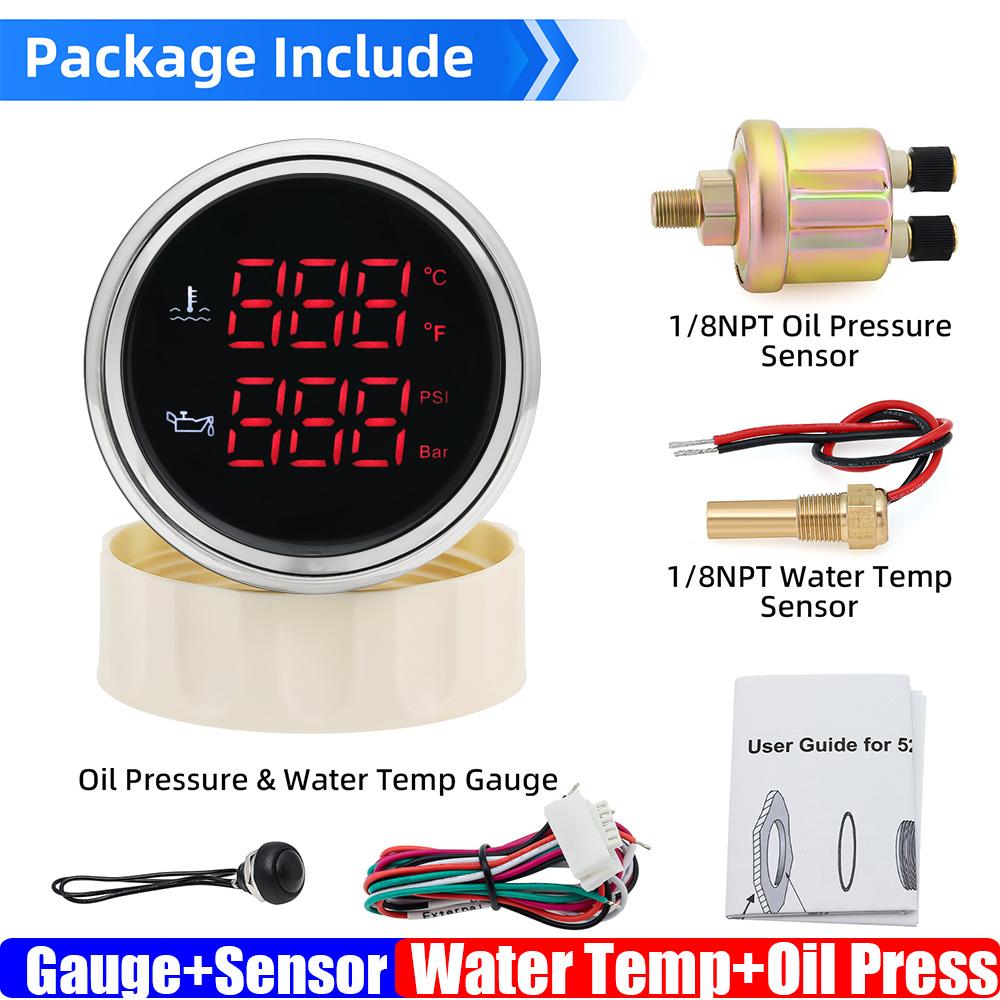 2 IN 1 Dual Gauge with Alarm Red LED Digital 52mm Oil Pressure Meter/Water Temp Meter+Sensor for Automobile Car 12V24V