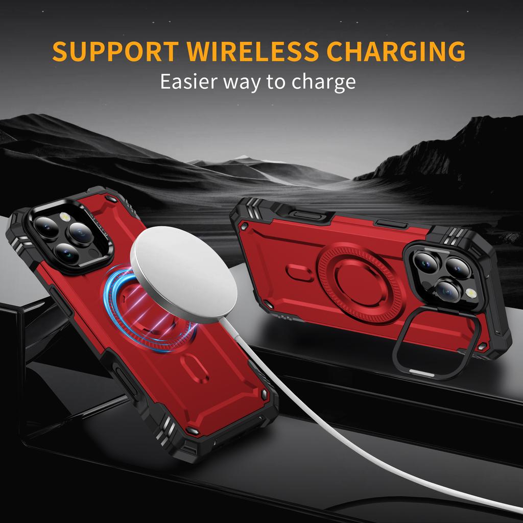 For iPhone 16 Pro Max Magnetic Case Lens Kickstand PC + TPU Shockproof Phone Cover