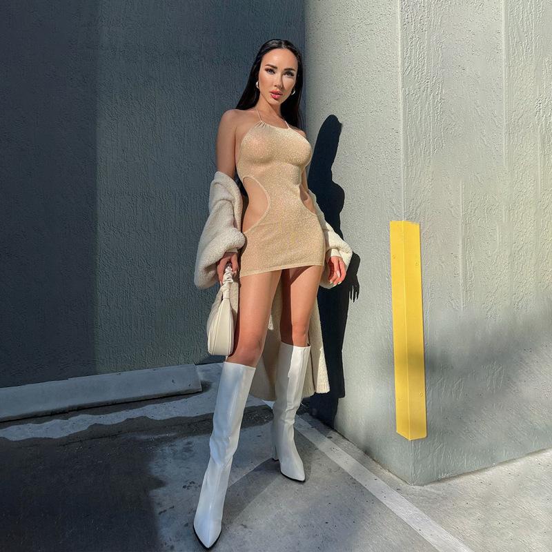 Sexy kurzes Kleid aus Europa und Amerika, hängender Hals für Damen, freiliegende Hüfttasche, Hüftrock, modischer kurzer Damenrock