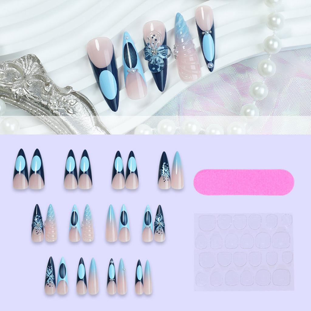 1 Set Almond False Nails Full Cover Stick on Nails 3D Flower Press On Nails French Artificial Nails Manicures Supplies