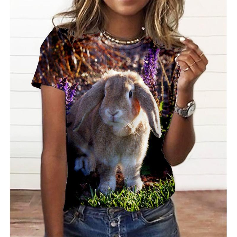 Cute Rabbit Pattern T Shirt For Women Funny Animal 3D Printed Tees Summer Loose Tops Short Sleeve Round Neck T-Shirts Streetwear
