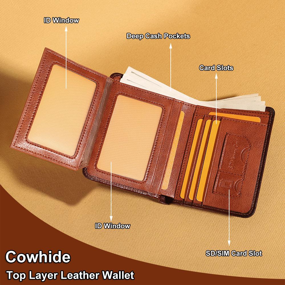 Men's Vintage Cowhide Wallet, RFID Protection Short Multi-Functional ID Card Credit Card Holder Top Layer Cowhide Money Bag 2 ID Card Windows