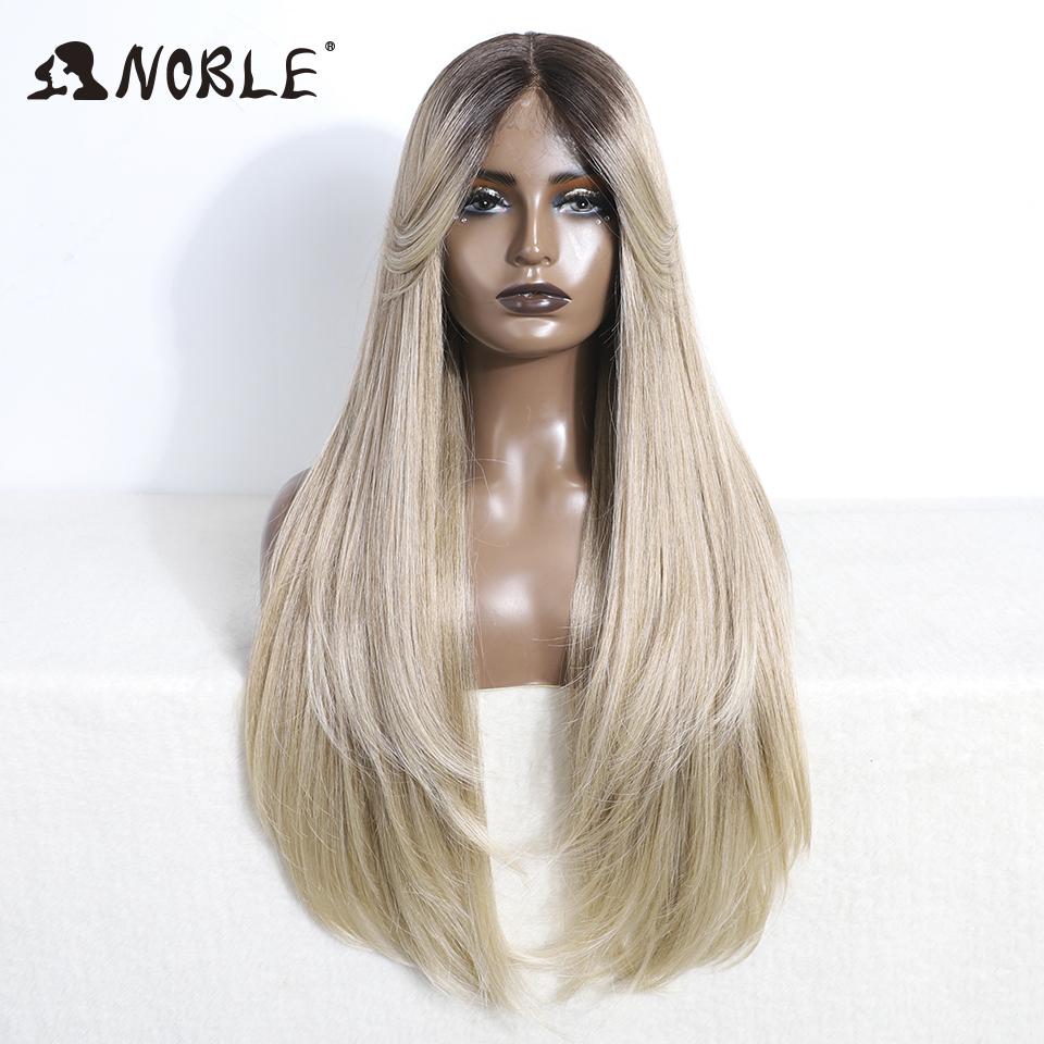 Noble Synthetic Lace Front Wig 30" Straight Part Lace Wig Ombre Blonde Wigs For Women Wig With Bangs Lace Wig Heat Resistant Wig
