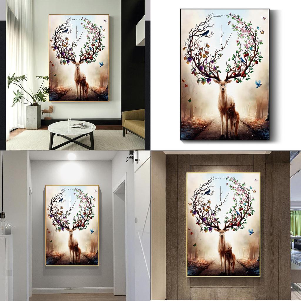 Modern Nordic Style Canvas Art With Deer And Tree Illustration For Living Room Decor