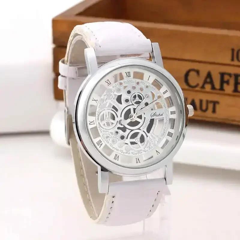 Fashion Hollow Skeleton Men Watches Quartz Leather Bracelet Strap Wristwatch Fashion Business Watches Men's Gifts