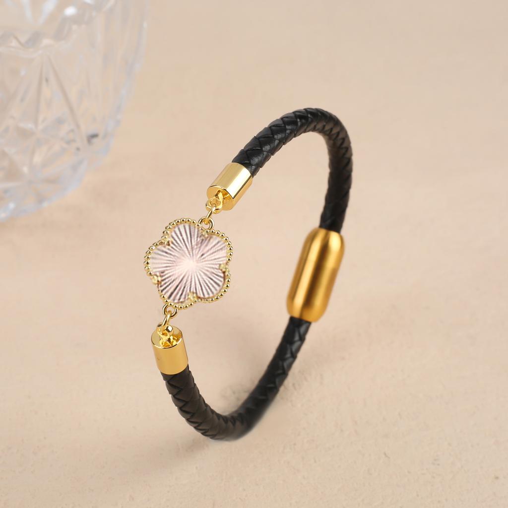 Simple Five-Leaf Flower Leather Braided Bracelet Natural Stones Clover Stainless Steel Bangle For Women Party Daily Wear Jewelry