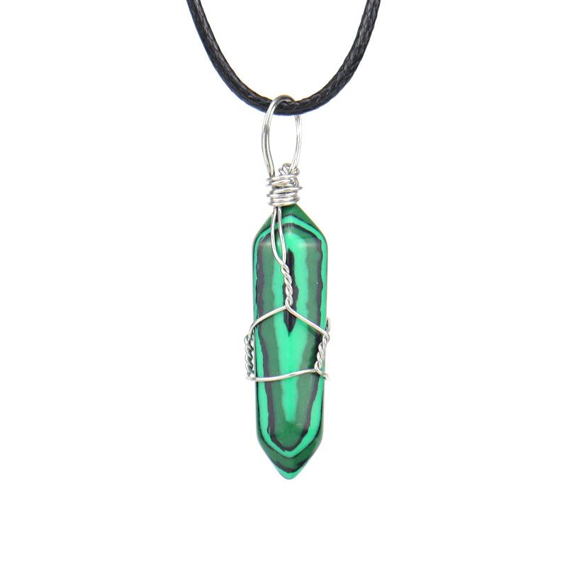 Hand-Wound Natural Stone Crystal Hexagonal Column Pendant Necklace N538 Geometric Beauty