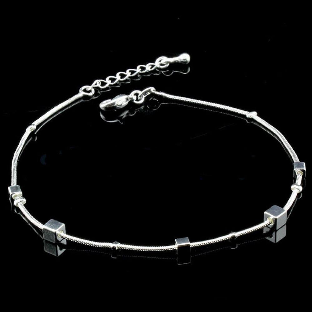 Korean Style Single Line Square Anklet for Women, Imitation Silver Elegant Fresh Summer Foot Jewelry Gift