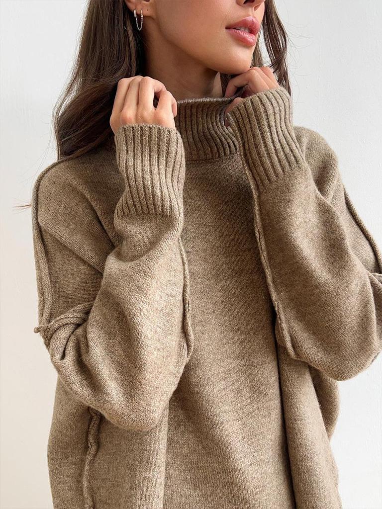 Women's Autumn/Winter High-Neck Sweater and Knit Pants Set - European/American Style, Loose Fit, Thick, Casual