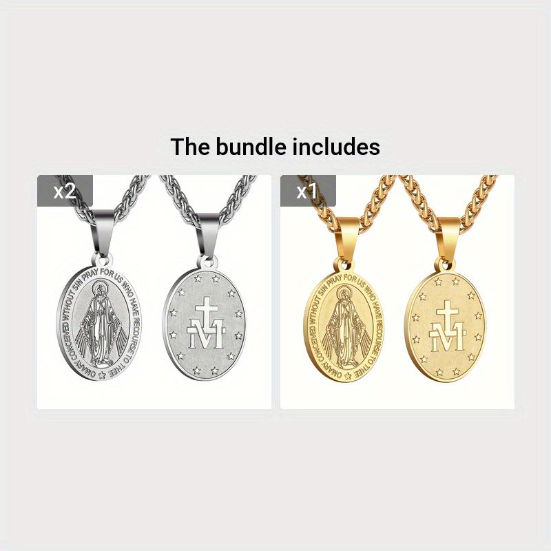 Titanstahl Jungfrau Maria Halskette Silberfarben/Schwarz Vergoldet Unisex Christlicher Schmuck Kreuz Wundermedaille Anhänger Halskette