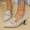 Chic Womens Houndstooth Pumps with Bow Accent - Comfortable Pointed Toe Block Heels for All-Occasion Stylish Work Wear