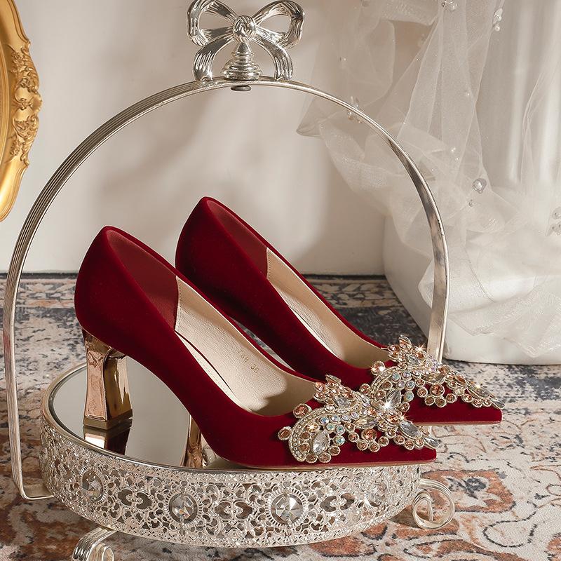 Pointed Heel Suede Red High Heels Women's Banquet Wedding Bridesmaid Shoes Bridal Shoes