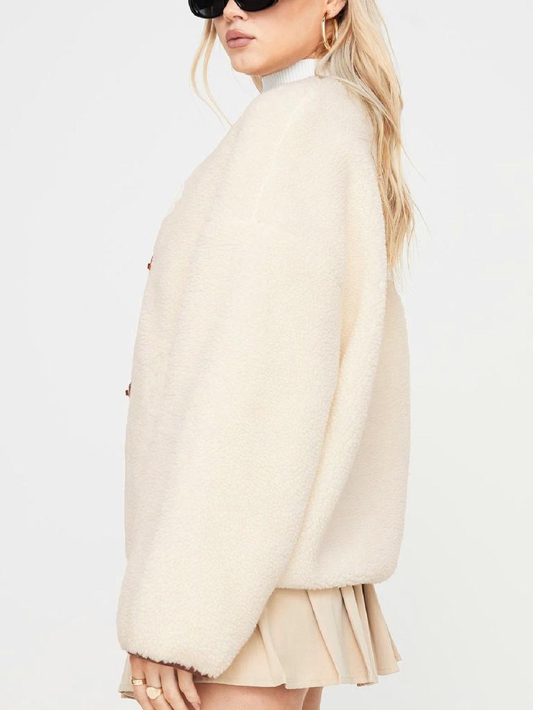 Winter Women's Thick Faux Fur Buckle Crew Neck Long Sleeve Short Cardigan Fashion Chic Coat