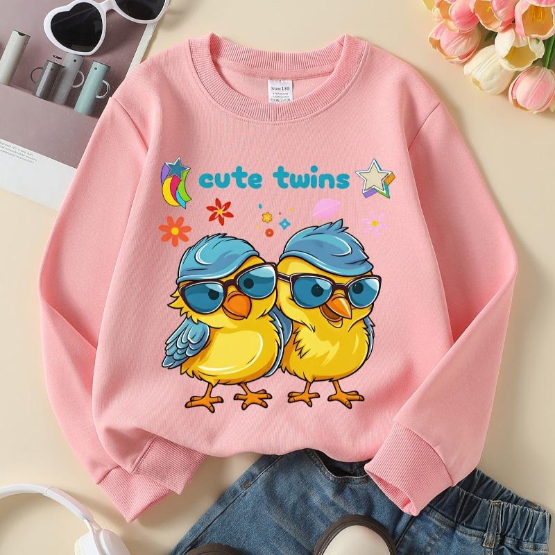 Kids Crew Neck Sweatshirt, Cute Twin Chickens with Sunglasses Print, Soft Cozy Pullover for Autumn & Winter