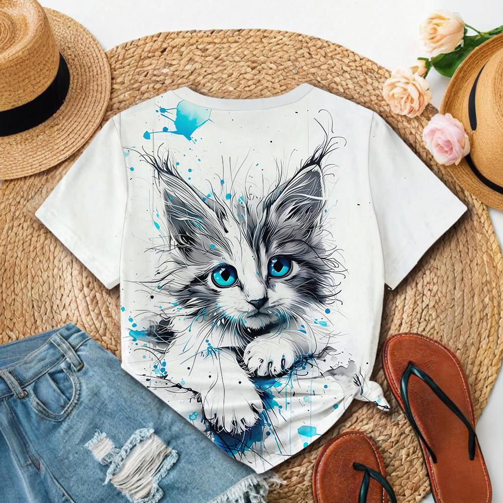 Summer Personalized Fashion Blue Eyed Cute Cat Splashed Ink Print Women's Short Sleeved T-shirt