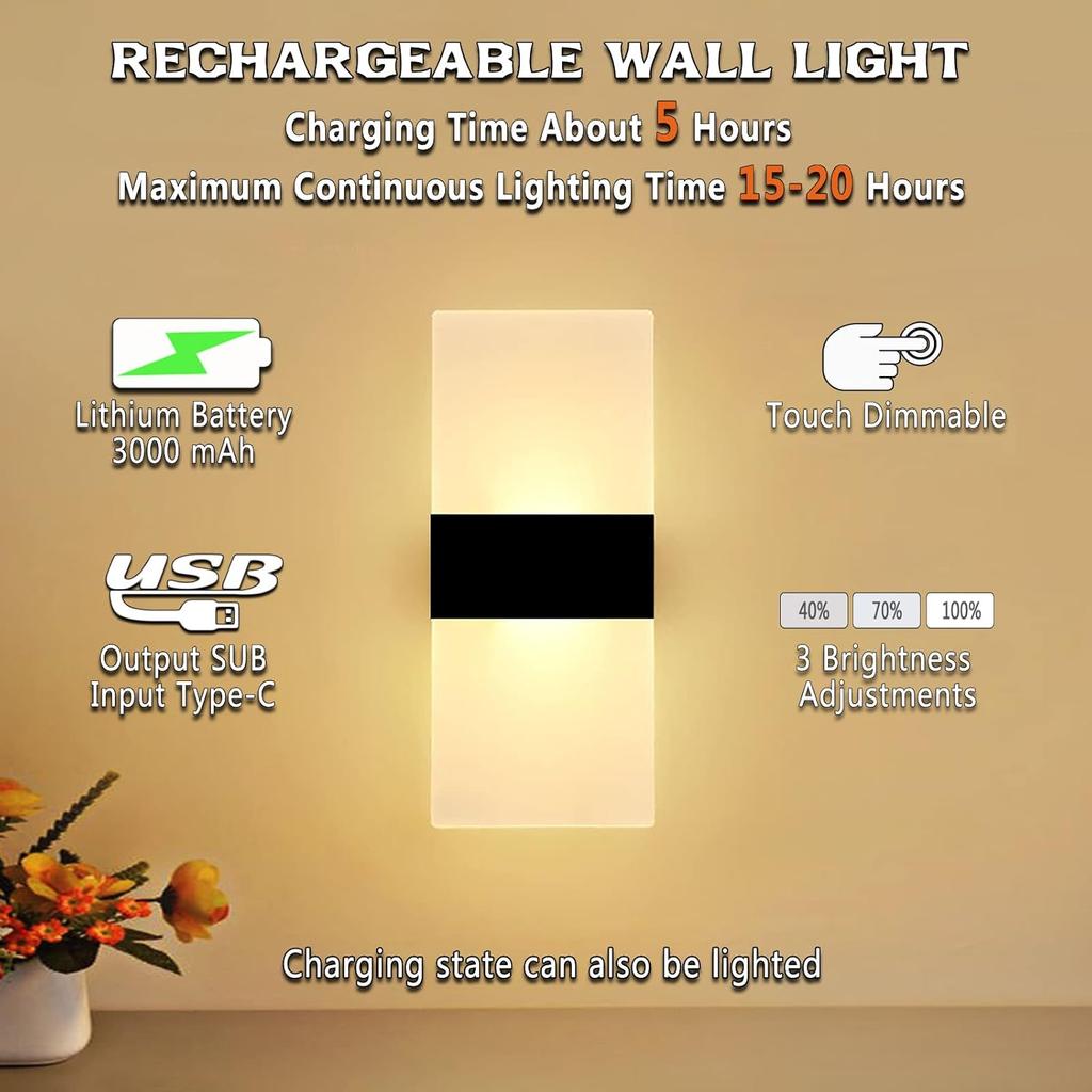 Rechargeable Wall Lights Set of 2 Battery Operated Wall Sconces Indoor LED Wireless USB Charging Batteries Lamps Portable Magnetic Wall Lighting for