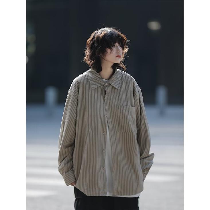 A Yu Dai Spring and Autumn Japanese Style Retro Underwear Striped Long-Sleeved Shirt Men's Loose Preppy Brushed Shirt Coat Women's Fashion