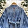 Camicetta di Jeans da Donna con Collo Alto Manica Lunga Vestibilità Larga Cintura Legata Vintage Camicia da Pendolare Top di Jeans Casual