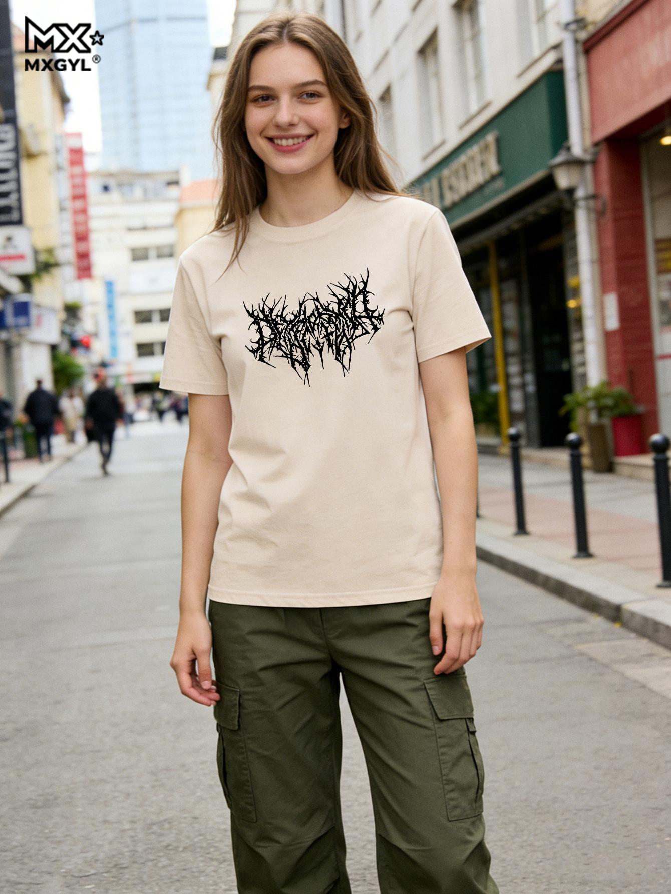 

New Model Summer Punk Style Y2K Print Women T Shirt Causal Short Sve Street T-Shirt Soft Breathable Tee Clothes Vintage O-Neck 5xl бежевий