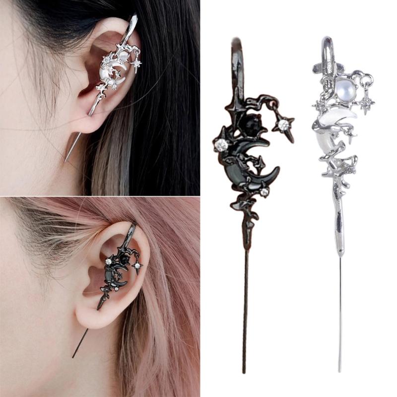 Elegant Star and Moon Diamond Earrings Ear Needle Diagonals Ear Studs Stylish Piercing Ears Jewelry for Fashion Lovers