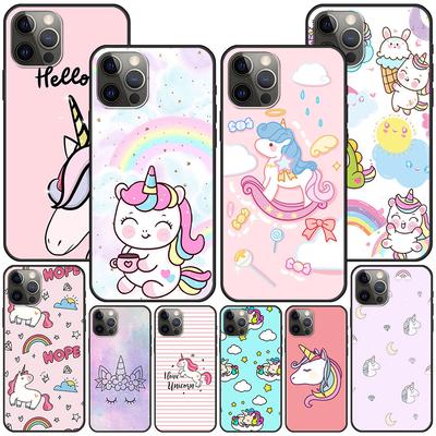 Cute Cartoon Unicorn Black Case For Apple Iphone 11 13 12 Mini 14 Pro Max Xr 7 8 Se 2020 Xs 6 6s Plus 5 5s Silicone Phone Cover