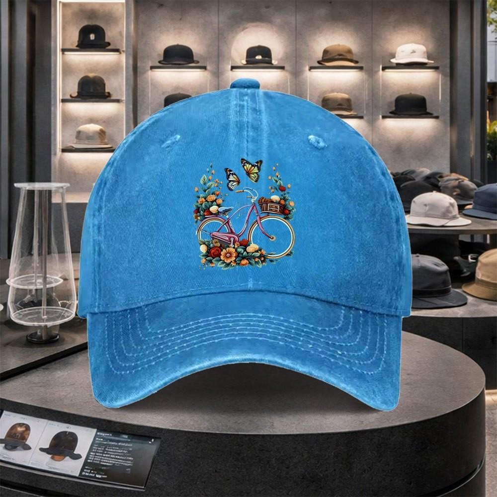 Bicycle Butterfly Floral Print Washed Denim Baseball Cap Adjustable Cotton Outdoor Sports Hat