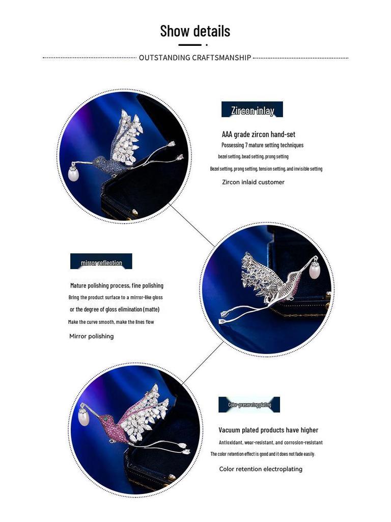 Hummingbird Brooch with Zircon & Freshwater Pearls - Unisex Pin Accessory