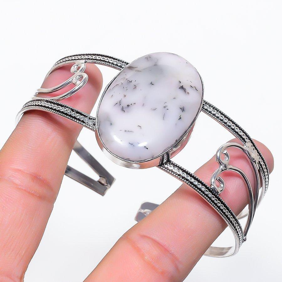 Natural Dendrite Opal Gemstone 925 Sterling Silver Cuff Bangle Adjustable F7S08