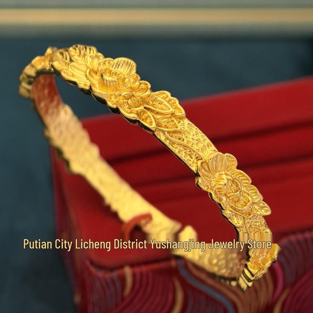 Gold Alloy Peony Flower Bracelet for Women - Chinese Style, High-End Solid Open Design 