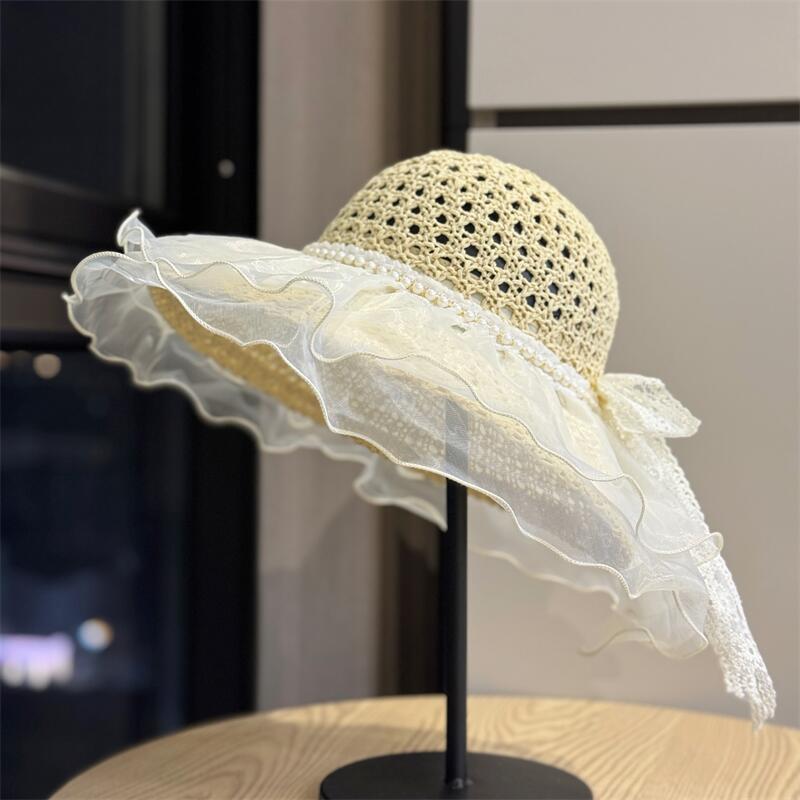 New Lace Straw Fisherman Hat for Women, Summer Wide-brimmed Sun Protection Breathable Hollow-out Sun Hat, Vacation Casual Hat, Trendy