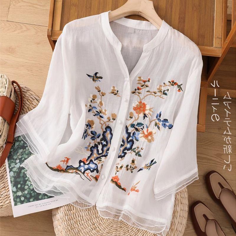 

Large Size Mom Embroidered irt Women s Spring Cotton Linen High Seven Sve Women s Top M белый