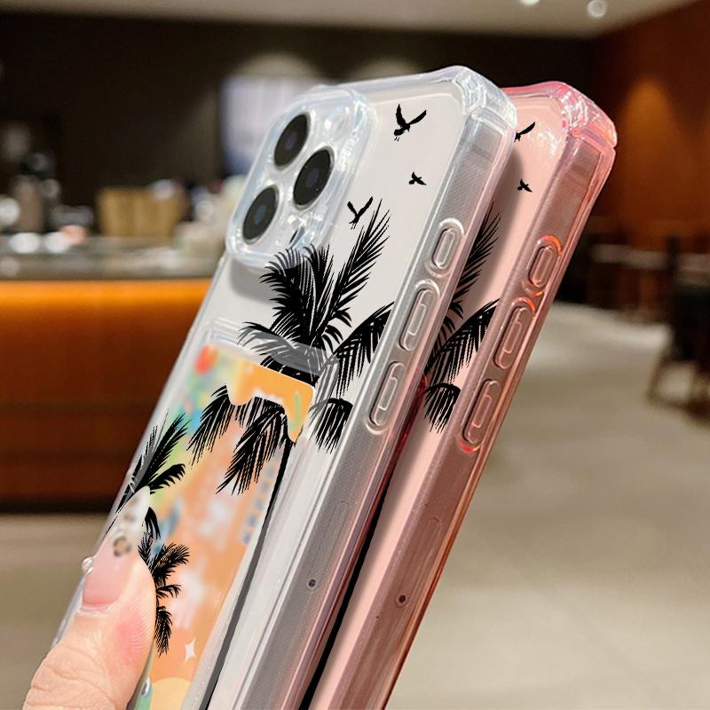 Husă Transparentă cu Model Palmier de Cocos cu Slot pentru Card pentru iPhone 16 Pro Max 16E 15 Pro 14 13 12 11 Subțire Antishock Silicon Moale Husă Telefon