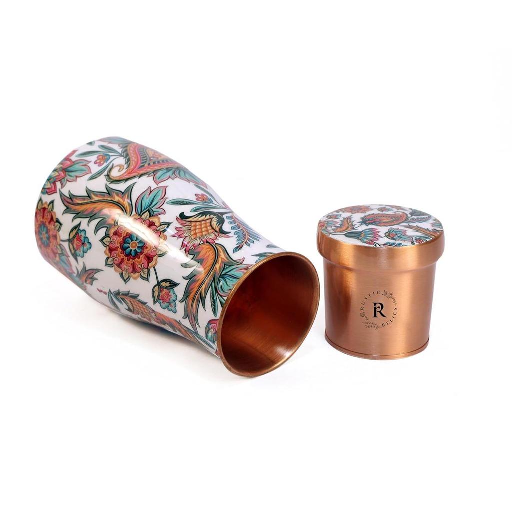 Print Copper Water Bottle Jar - 1L | With Inbuit Glass In Lid | Beautiful And Elegant  Print Design | Kitchen And Bedroom Sugar Water Storage Pot