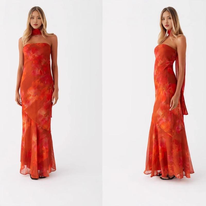 Europe, America, Amazon Spring and Summer New Temperament Socialite Satin Backless Tube Top Digital Printing Dress