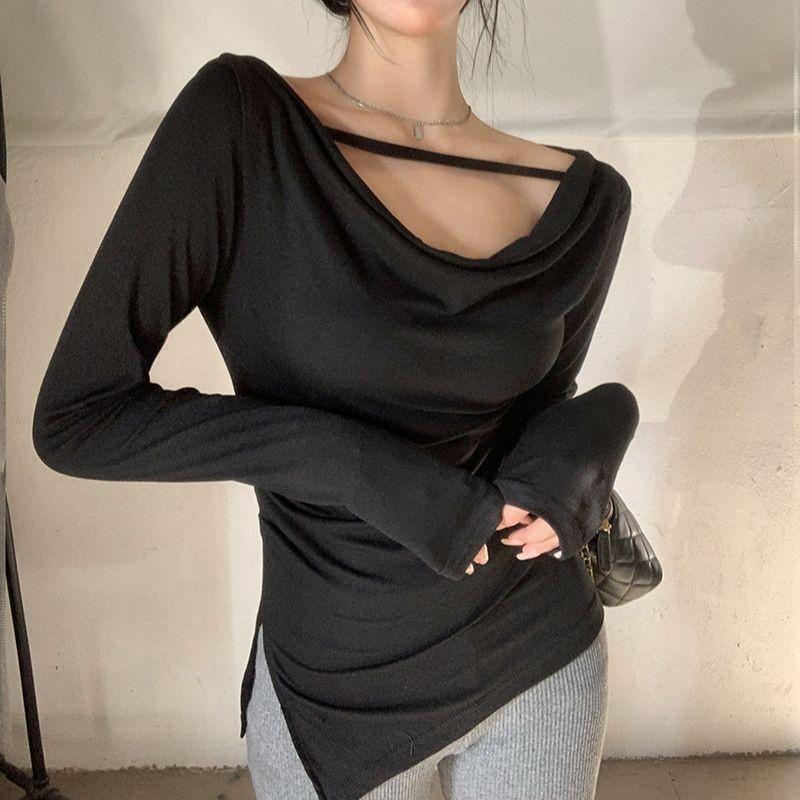 Sexy Slim Fit Off Shoulder Long Sleeve T-Shirt Women Pure Color Daily Casual Top