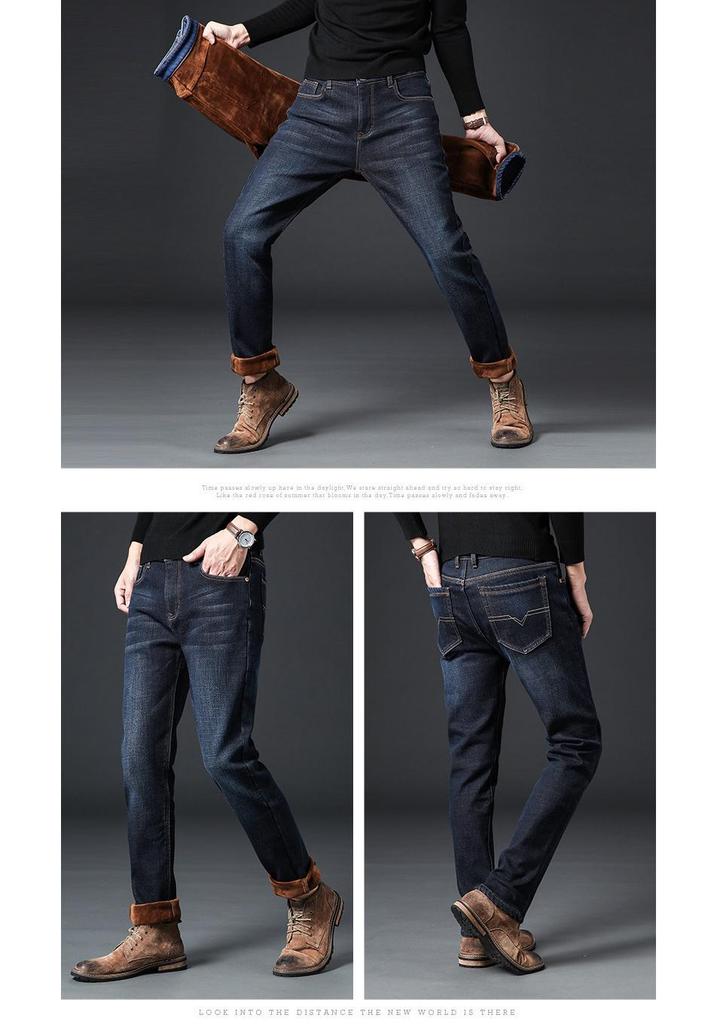 Men's 2024 Winter Straight White Jeans with Plus Velvet for Warmth