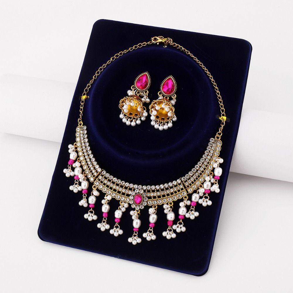 Turquoise Rhinestone Tassel Earring Bohemia Sparkling Necklace Crystal Jewelry Set Birthday Gift