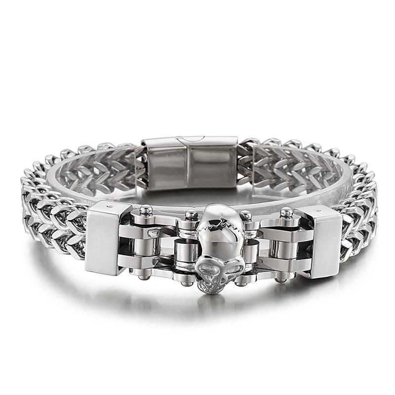 KALEN Punk Fine Jewelry Fashion Bracelets Men Stainless Steel Skull Berringbone Links Bracelet Bangle 22 CM&Punk