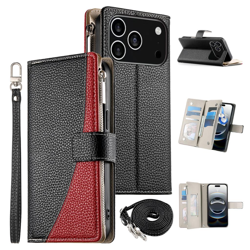 For iPhone 17 Pro Case Zipper Wallet Color Splicing Leather Flip Phone Cover with Straps