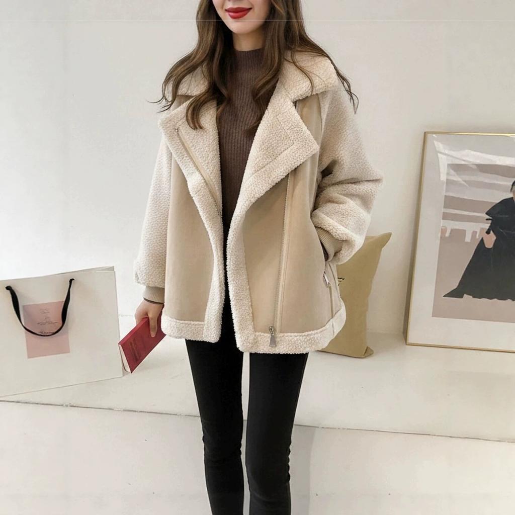 Winter new fashion loose fur integrated suede jacket women's short lamb wool motorcycle jacket