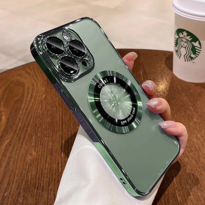 Luxury Magnetic Case With Lens Film For iPhone 14 15 13 12 11 Pro Max Plus Transparent Wireless Charging Protector Phone Cover