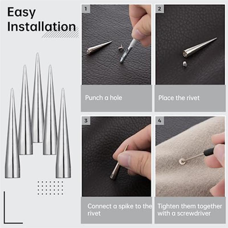 

ABFS Various Sizes Tapered Tips With Punk Rivets Studs Rivets, DIY Silver Metal Tips Crafts срібний