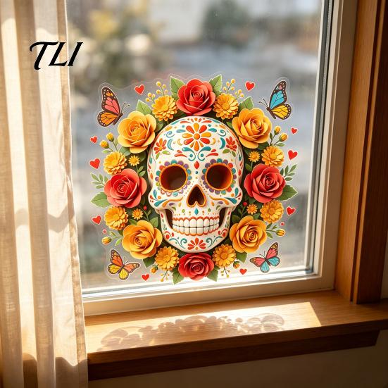 Reusable Floral Skull Stickers Day of The Dead Flower Static Sticker, Colorful Mexican Glass Sugar Halloween Decal, Waterproof PVC Removable Cling for