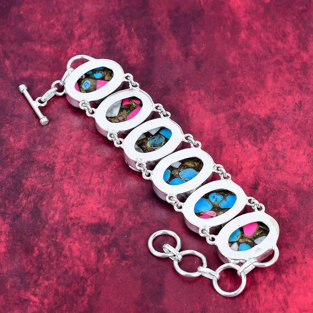 Cotton Candy Turquoise 925 Solid Sterling Silver Bracelet with Adjustable Chain, Handmade Gemstone Designer Jewelry Bracelet