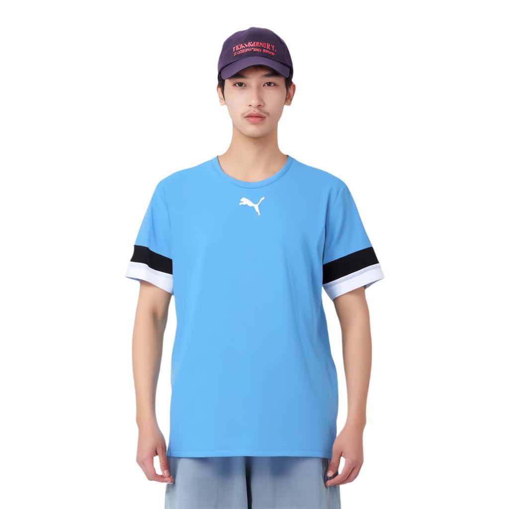 Puma Retro Breathable Logo Print Pullover Round Neck Short Sleeve Football Shirt Men tops Light-Blue Black 704932-18